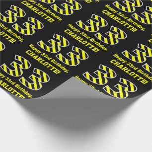 Papel De Presente Black & Yellow Striped "33"; 33rd Birthday + Name