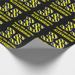 Papel De Presente Black & Yellow Striped "35"; 35.o Aniversário + N