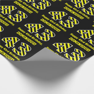 Papel De Presente Black & Yellow Striped "43"; 43rd Birthday + Name