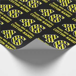 Papel De Presente Black & Yellow Striped "46"; 46.o Aniversário + N