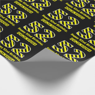 Papel De Presente Black & Yellow Striped "52"; 52nd Birthday + Name