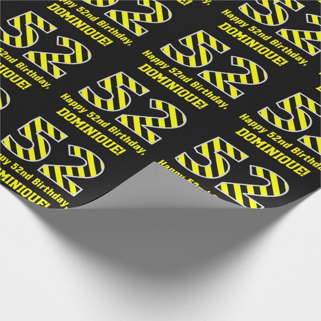 Papel De Presente Black & Yellow Striped "52"; 52nd Birthday + Name (Ponta)