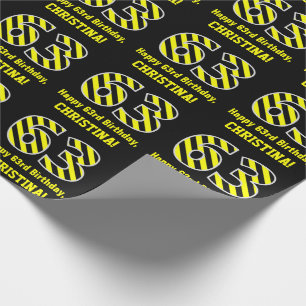 Papel De Presente Black & Yellow Striped "63"; 63rd Birthday + Name
