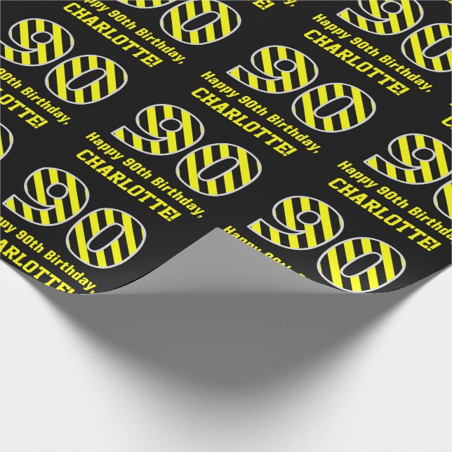 Papel De Presente Black & Yellow Striped "90"; 90 Birthday + Nome (Ponta)