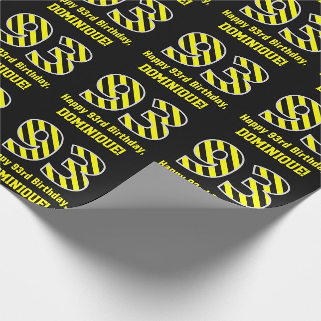 Papel De Presente Black & Yellow Striped "93"; 93rd Birthday + Name (Ponta)