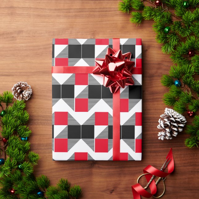 Papel De Presente Bloco de cores geométricas vermelho e preto modern (Presente de Natal)