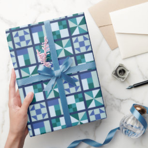 Papel De Presente Blocos de Colcha Tradicionais em Azuis e Verdes