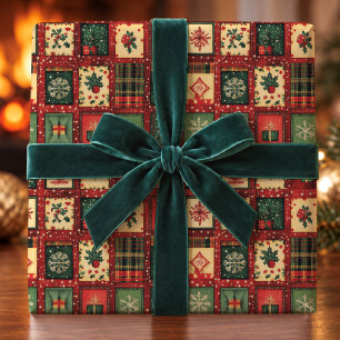 Papel De Presente Blocos de Patchwork Verde Vermelho Natal