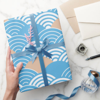 Papel De Presente Blue and Beige Japanese Wave Pattern 