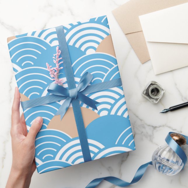 Papel De Presente Blue and Beige Japanese Wave Pattern  (Presentear)