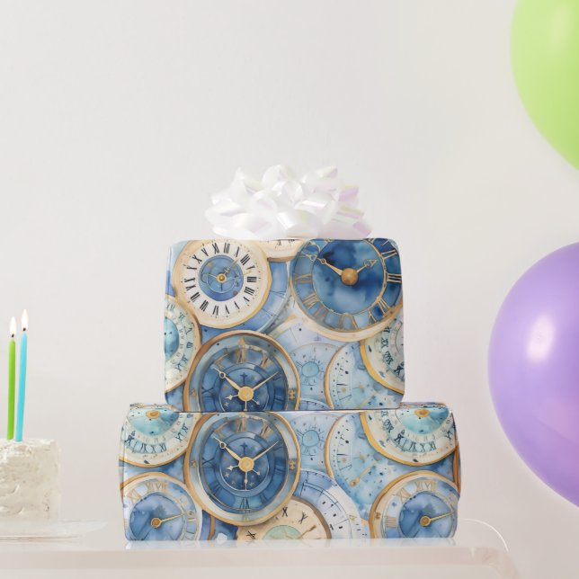 Papel De Presente Blue and Gold Clock Pattern (Presentes para festas)