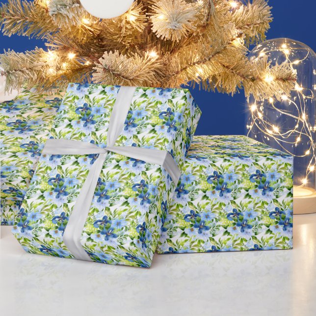 Papel De Presente Blue and Navy Flowers with Foliage  (Feriados)