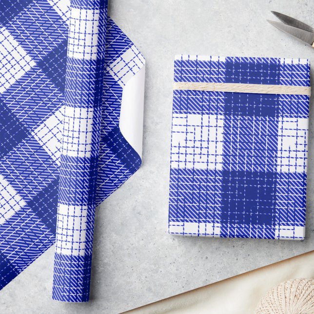 Papel De Presente Blue and White Bold Checkered Plaid Design  (Criador carregado)
