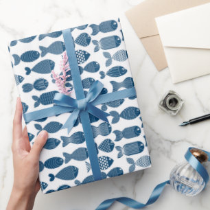 Papel De Presente Blue and White Fish Wrapping Paper