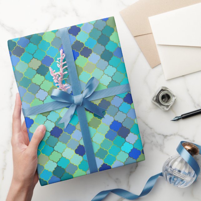 Papel De Presente Blue Aqua Moroccan Mosaic Pattern (Presentear)