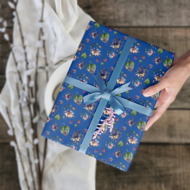 Papel De Presente Blue Art Nouveau Vidro Escondido Flores Columbinas (Criador carregado)