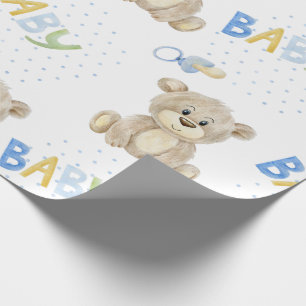 Papel De Presente Blue Baby Boy Teddy Bear Watercolor Chá de fraldas