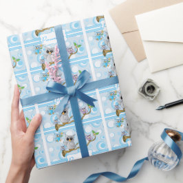 Papel De Presente Blue Baby Owl | Tema do Chá