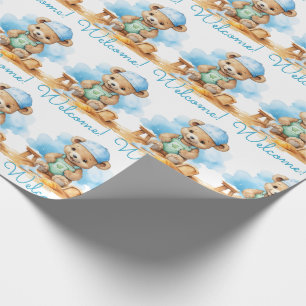 Papel De Presente Blue Baby Welcome Teddy Bear Gift Wrappaper