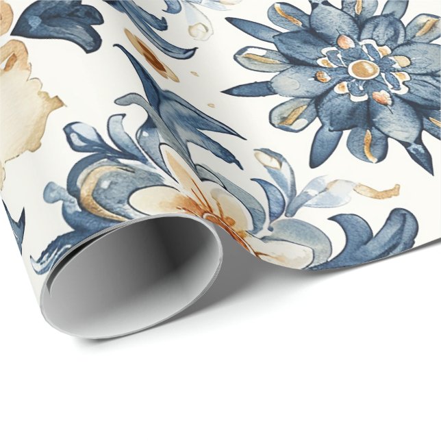 Papel De Presente Blue & Beige Floral Tile Wrapping Paper, Antique  (Ponta do rolo)