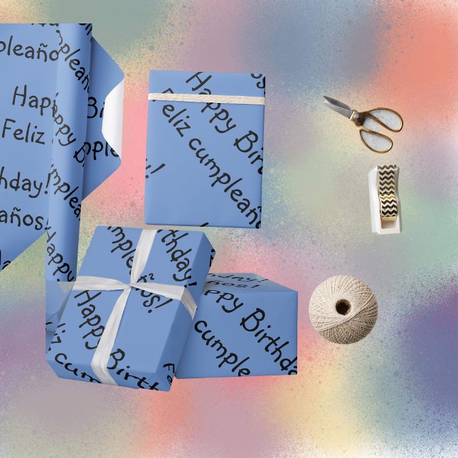 Papel De Presente Blue Bilingual Wrapper Paper Feliz Aniversário (Bilingual blue wrapping paper, happy birthday Spanish. Multiligual project)