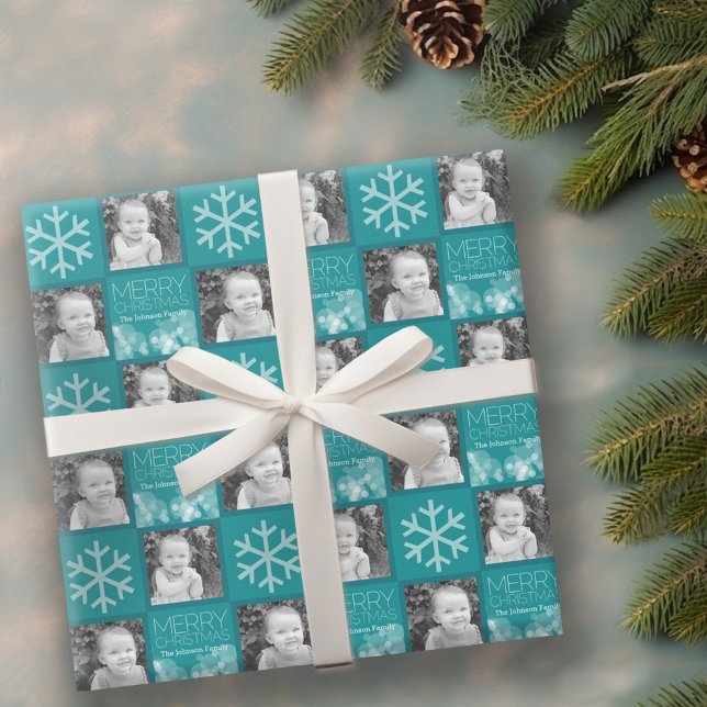 Papel De Presente Blue Bokeh Modern Merry Christmas Photo (Personalized Wrapping paper - 2 Photos)
