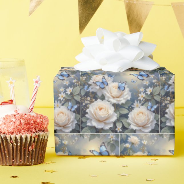 Papel De Presente Blue Butterflies in a White Rose Garden (Festa de aniversário)