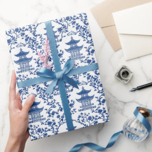 Papel De Presente Blue Chinoiserie Pagodas Toile