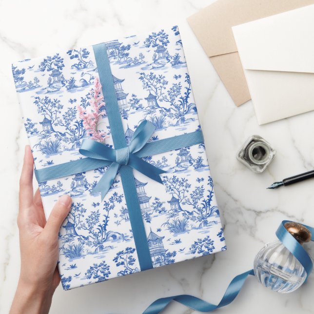 Papel De Presente Blue Chinoiserie Pagodas Toile (Presentear)