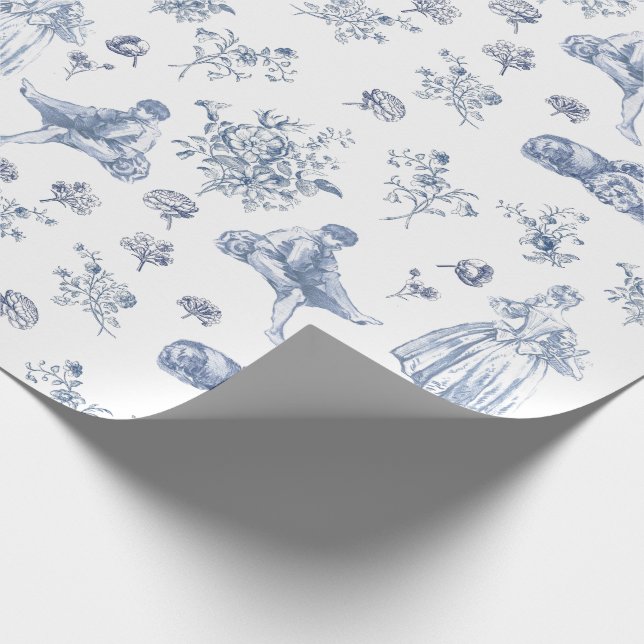 Papel De Presente Blue Chinoiserie Toile Floral Pastoral French (Ponta)