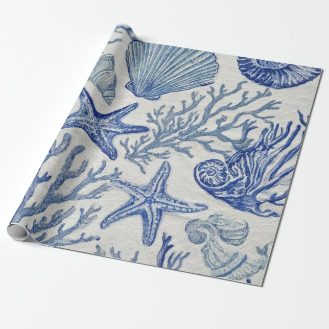 Papel De Presente Blue Coastal Toile Seashell Coral Pattern (Desenrolado)