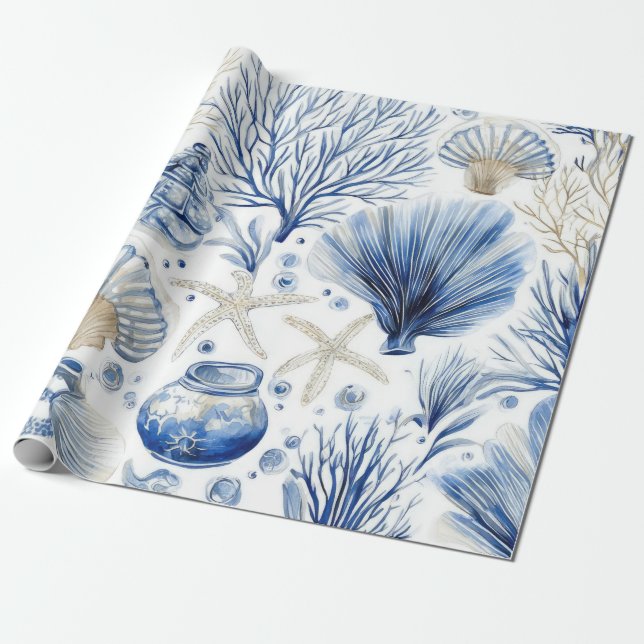 Papel De Presente Blue Coastal Toile Seashell Coral Pattern (3) (Desenrolado)