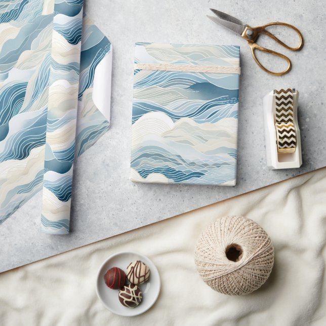 Papel De Presente Blue Cream Ivory Abstrato Ocean Beach (Artesanato)