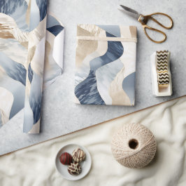 Papel De Presente Blue Cream Ivory Abstrato Waves Beach