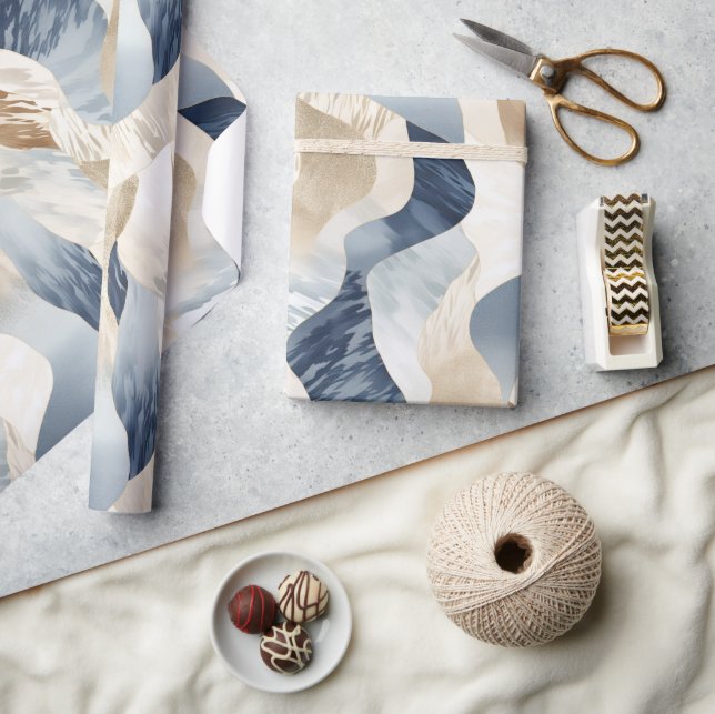 Papel De Presente Blue Cream Ivory Abstrato Waves Beach (Artesanato)