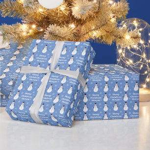 Papel De Presente Blue Cute Snowman Snowflake Nome de Natal Feliz