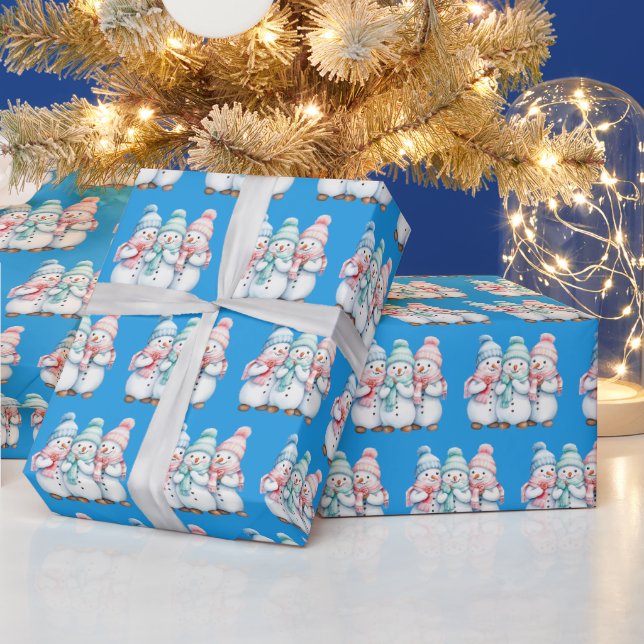 Papel De Presente Blue Cute Snowmen Christmas Gift Wrapping Paper (Feriados)