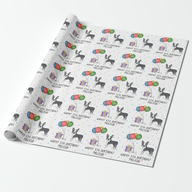 Papel De Presente Blue E Branco Boston Terrier Cachorro Fofo - Anive (Desenrolado)