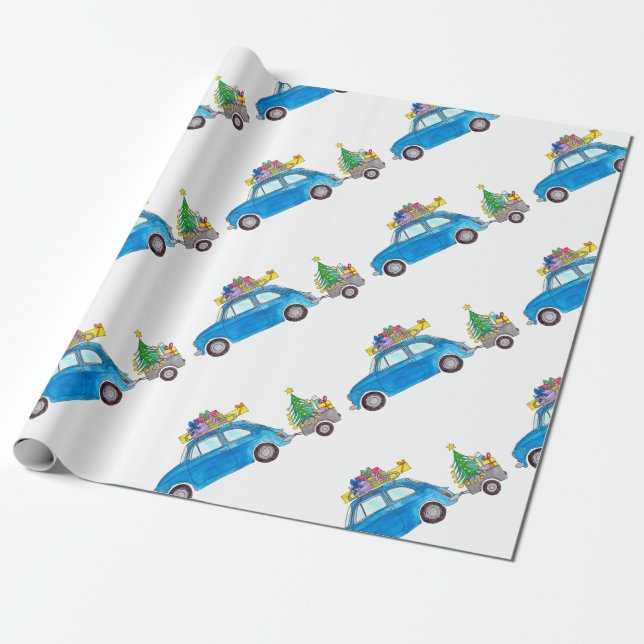 Papel De Presente Blue Fiat 500 com dobras de Natal Aquarela (Desenrolado)