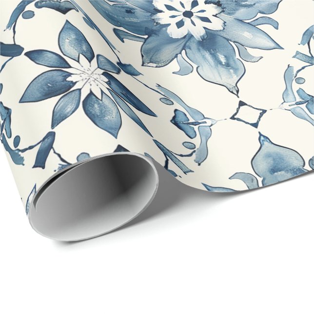 Papel De Presente Blue Floral Tile Pattern Gift Wrap (Ponta do rolo)