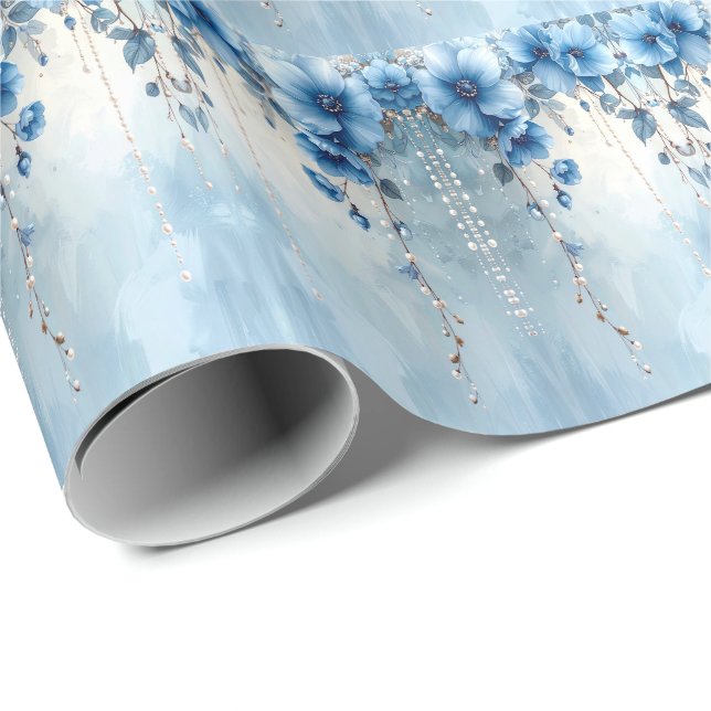 Papel De Presente Blue Flowers and Pearls Wrapping Paper (Ponta do rolo)