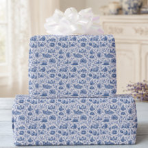 Blue French Toile Countryside Rose Branch Pattern 