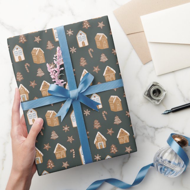 Papel De Presente Blue Gingerbread House Christmas Pattern (Presentear)