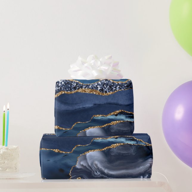 Papel De Presente Blue Gold Brilho Ágata Mármore Chic Moderno (Presentes para festas)