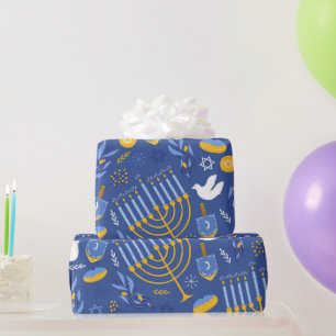 Papel De Presente Blue Hanukkah Menorah Dove e Dreidel Hanukkah
