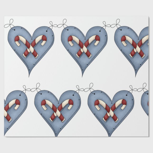 Papel De Presente Blue Heart with Candy Canes Country Christmas (Aberto)