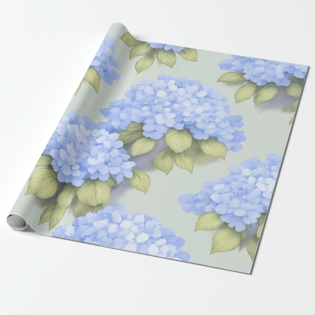 Papel De Presente Blue Hydrangea Floral Wrapping Paper (Desenrolado)