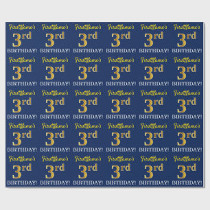 Papel De Presente Blue, Imitation Gold Look "3rd BIRTHDAY"