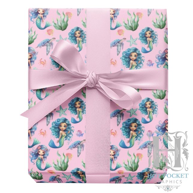 Papel De Presente Blue Mermaids Gift Wrapping Paper in Pink (Criador carregado)