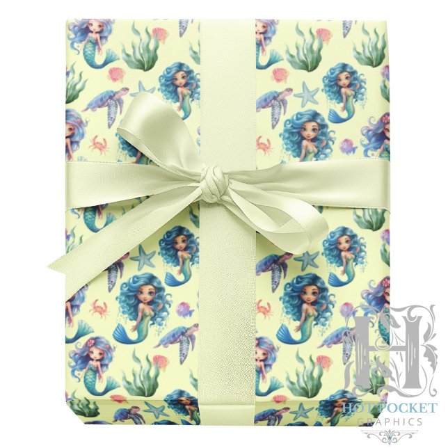 Papel De Presente Blue Mermaids Gift Wrapping Paper in Yellow (Criador carregado)